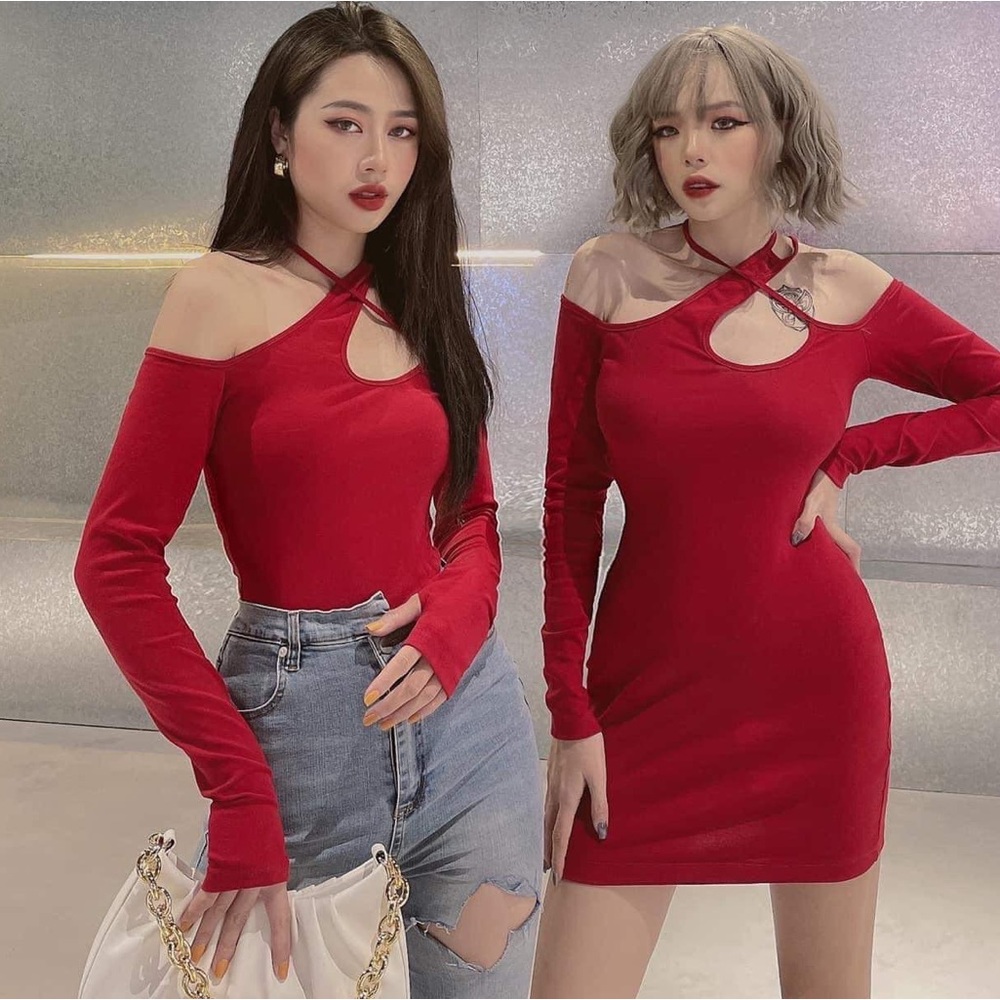 Long-Sleeve Cold-Shoulder Red Mini Bodycon Dress